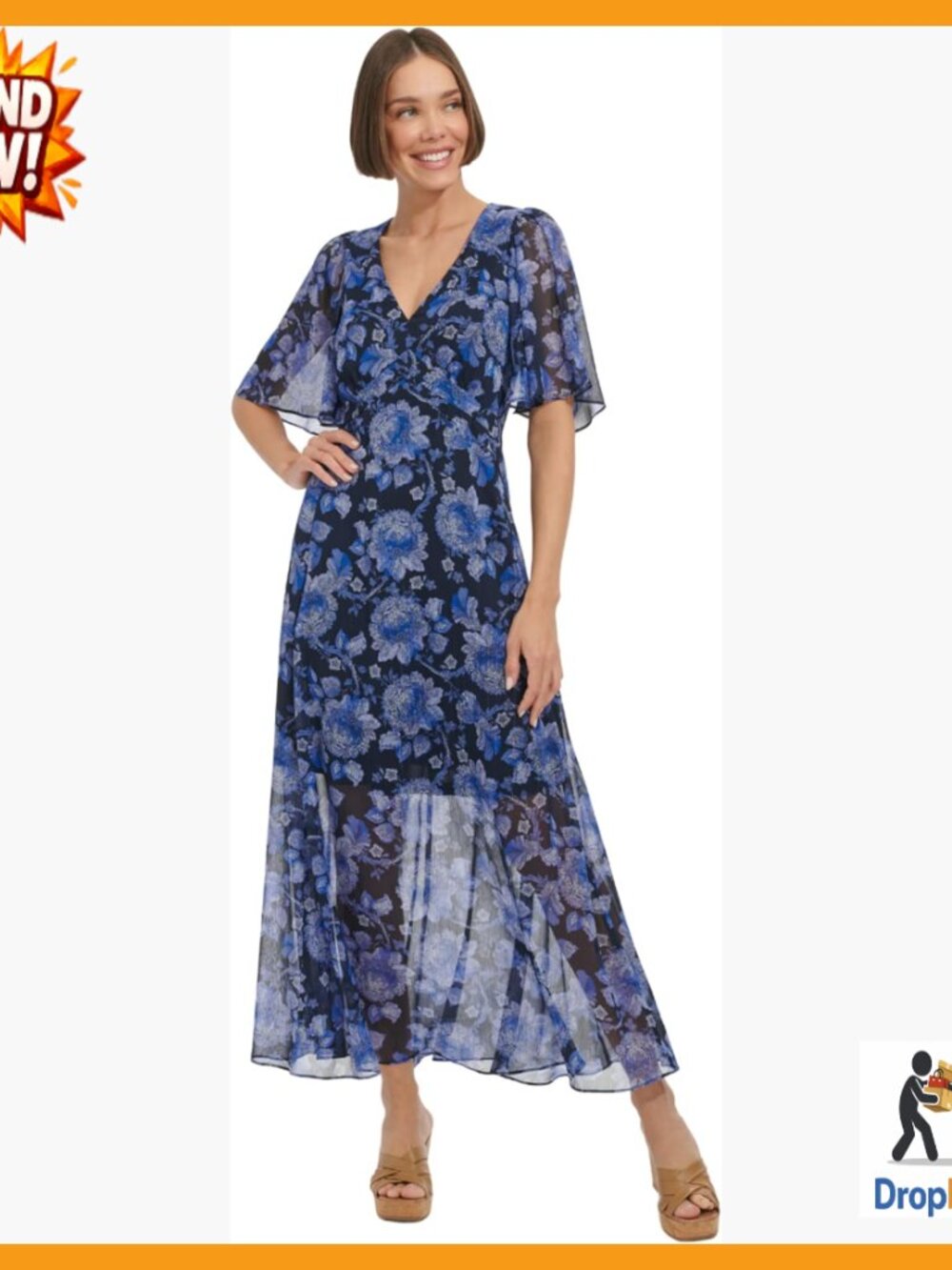 Elbow Sleeve V-Neck Empire Waist Chiffon Dress Elegant Chic Casual Wear
